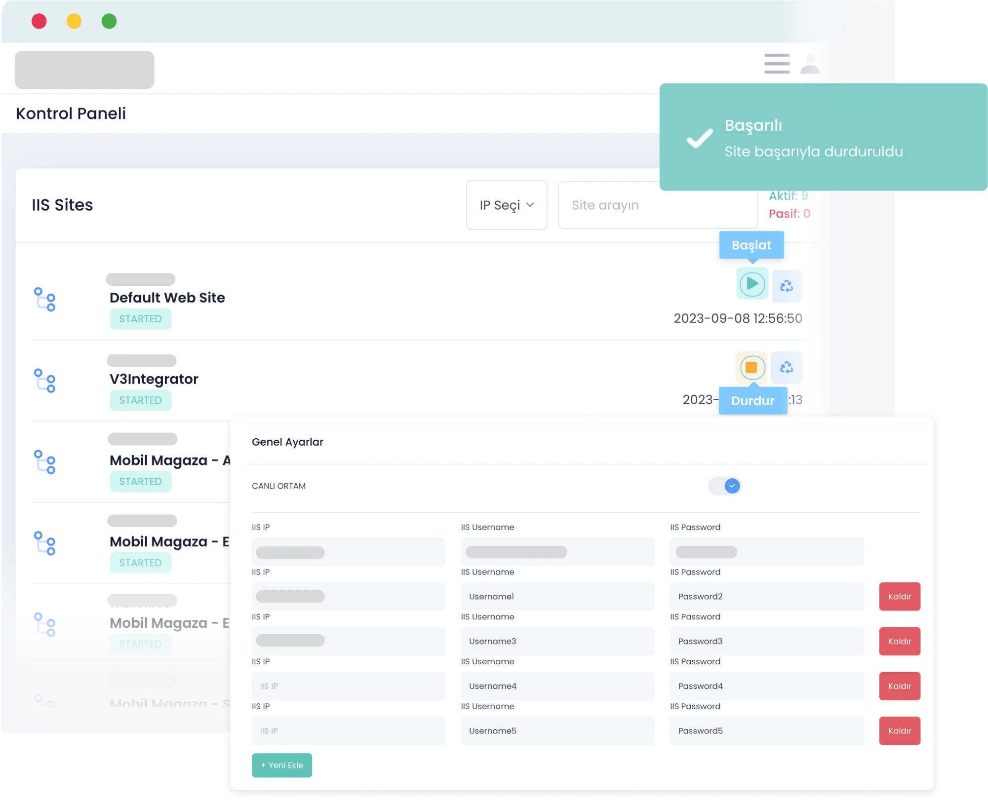 API Yönetimi API detay ve IIS site logları