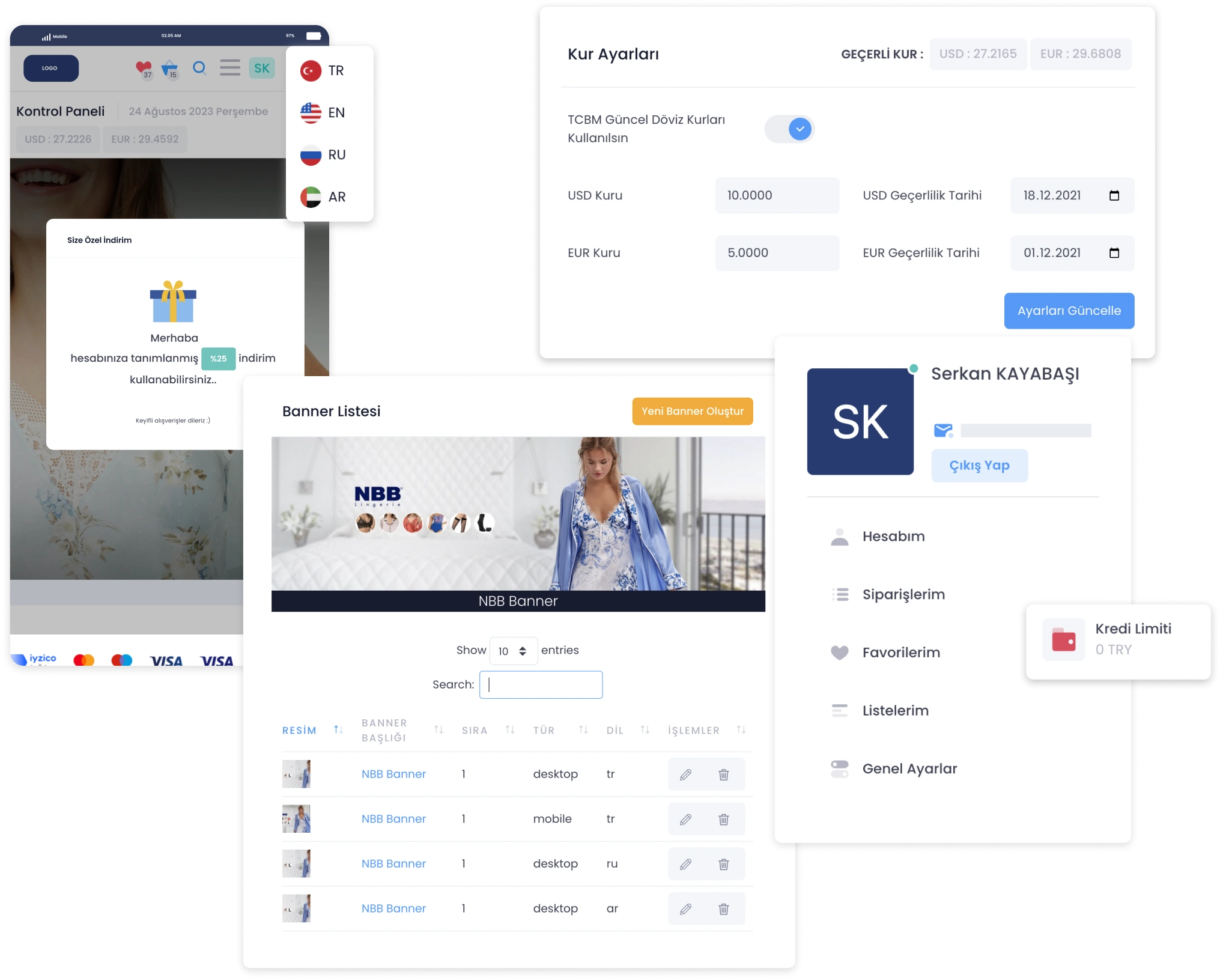 B2B Yazılımı mobil görünüm ekranları